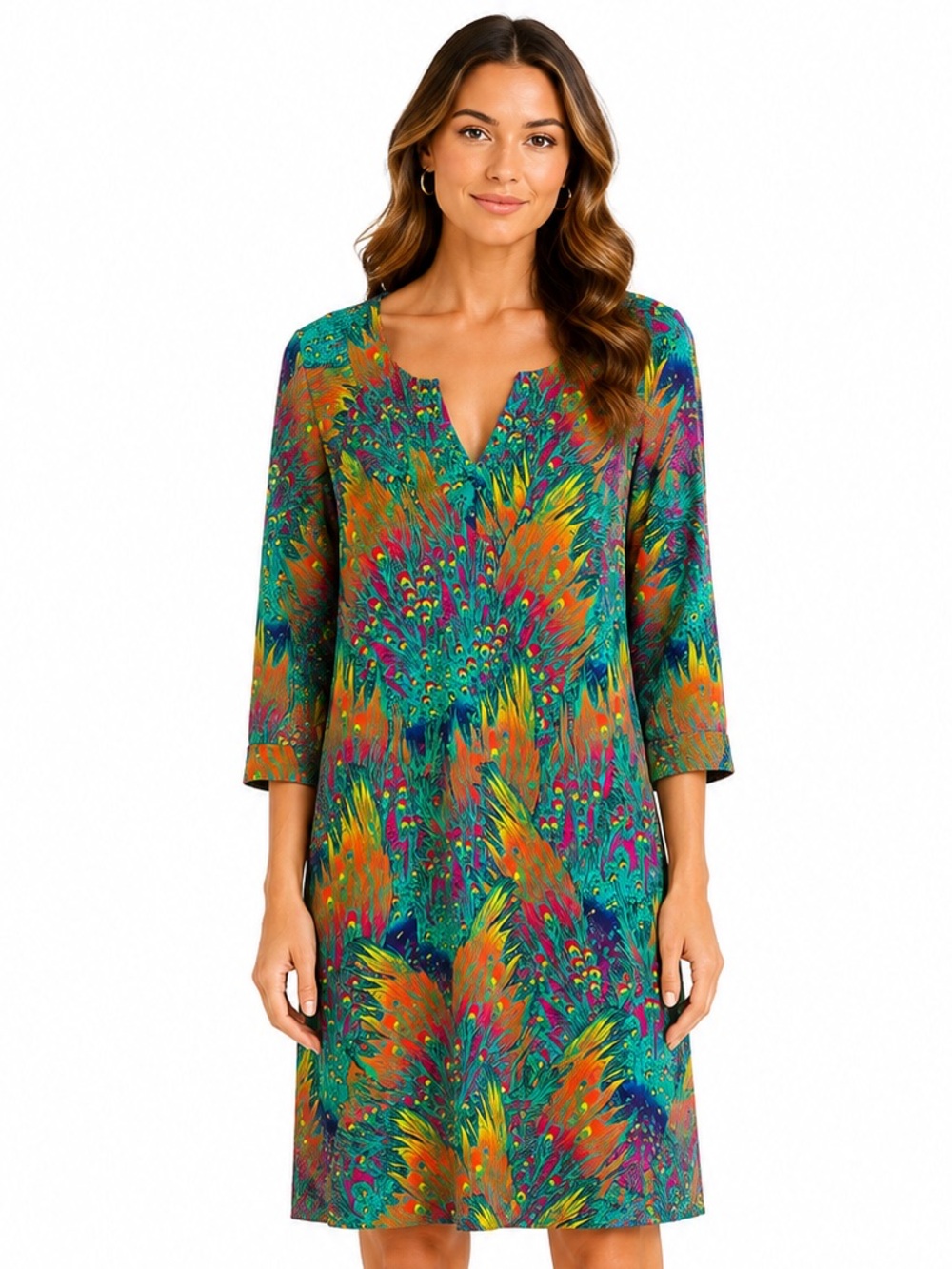 Tracy Negoshian Peacock Feather Print Shift Dress S Resort Boho Colorful